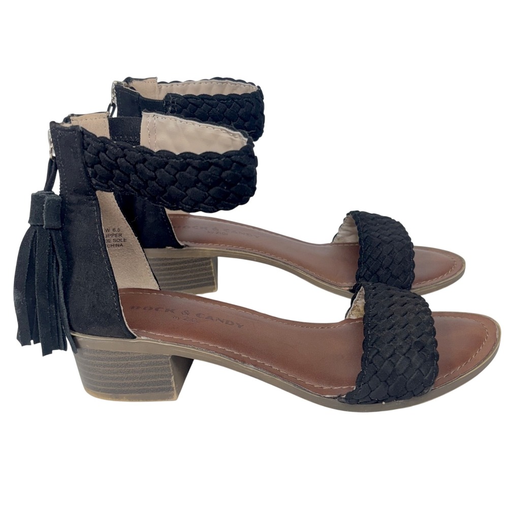 Rock & Candy Sandals Black Braided Suede Woven Tassel Block Heel Women 6.5